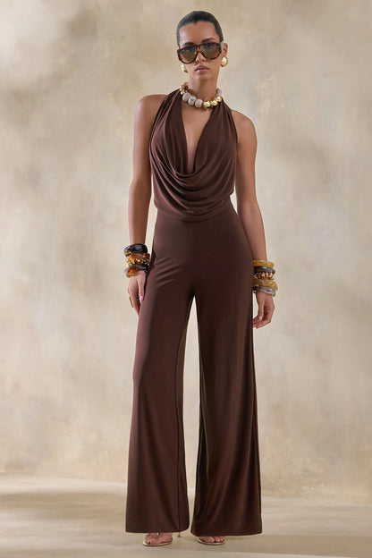 Clemence Brown Plunge Neck Jumpsuit
