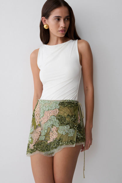 Garner Hand Beaded Mini Skirt Green Electric Botanica Print
