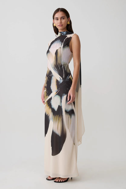 Dakota Chiffon Maxi Dress With Scarf Ivory Oversized Floral Print