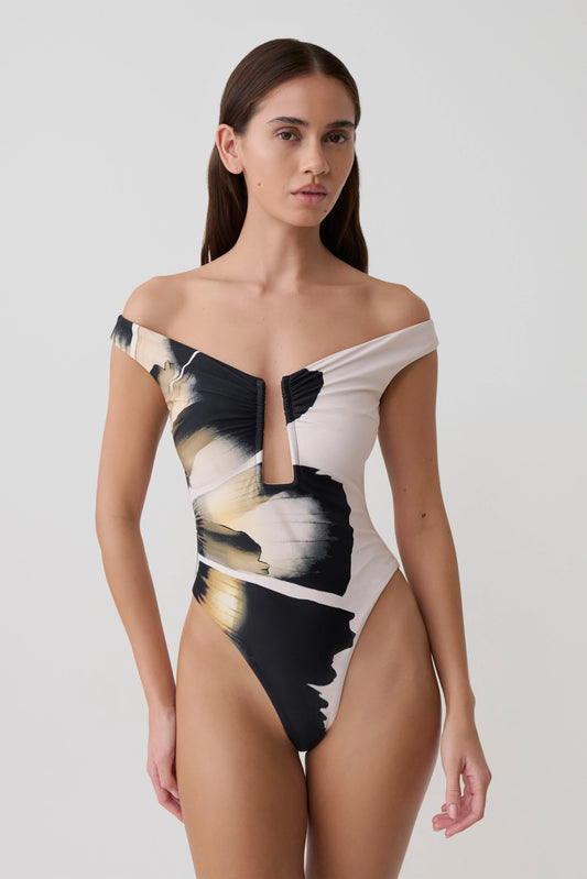 Yumi U Wire Plunge One Piece Swimsuit Ivory Base Floral Print