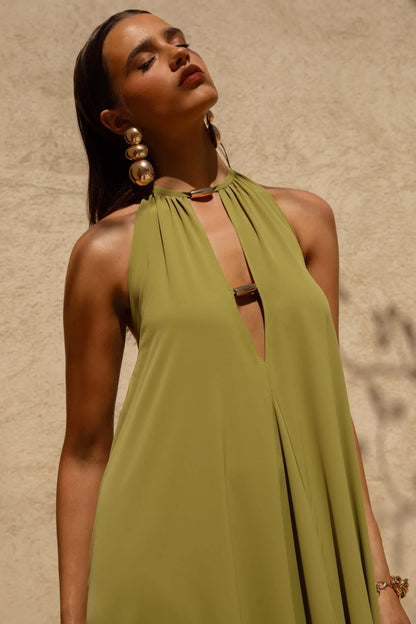 Zyon Green High Neck Maxi Dress with Cut Out Details
