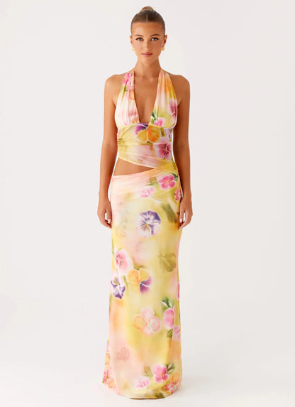 Main Act Halter Maxi Dress Sunburst Floral