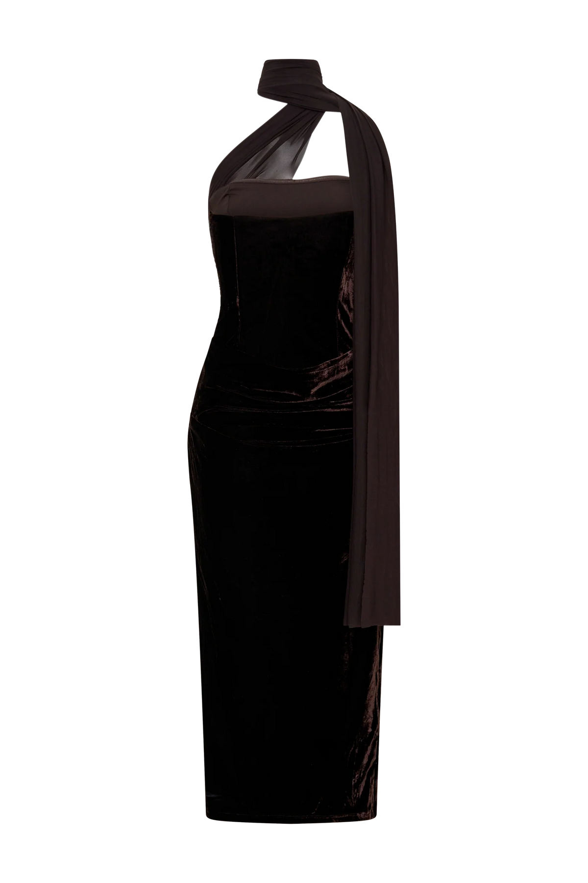 Mattea Velvet Midi Dress With Scarf Chocolate