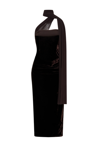Mattea Velvet Midi Dress With Scarf Chocolate
