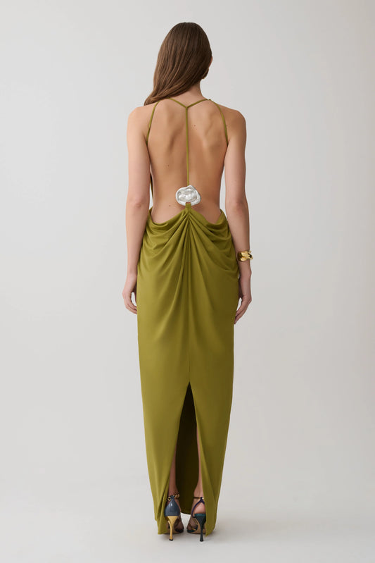 Bahari Low Back Halter Maxi Dress Vintage Olive