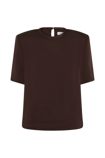 Harlyn Shoulder Pad Short Sleeve Satin Top Dark Chocolate