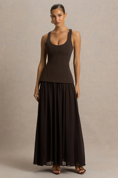 Kelly Brown Scoop Neck Maxi Dress With Pleated Mesh Skirt