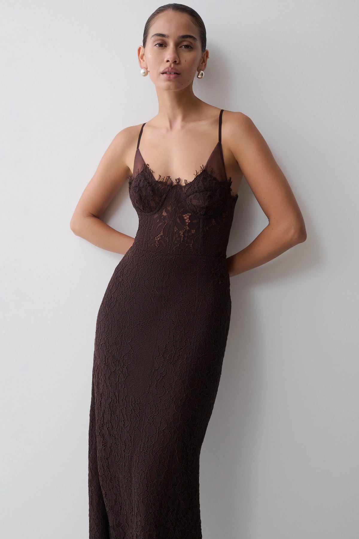 Ottilie Lace And Mesh Midi Dress Dark Chocolate