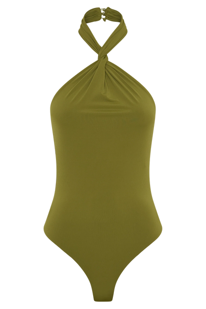 Bambi Twisted Neck Dry Jersey Bodysuit Martini Olive