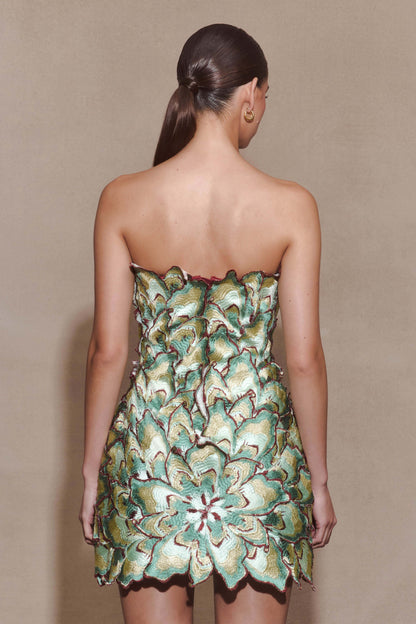 Juniper Hand Embroidered Floral Mini Dress Gold Teal