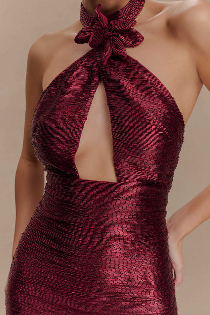 Nylah Beaded Halter Mini Dress Burgundy