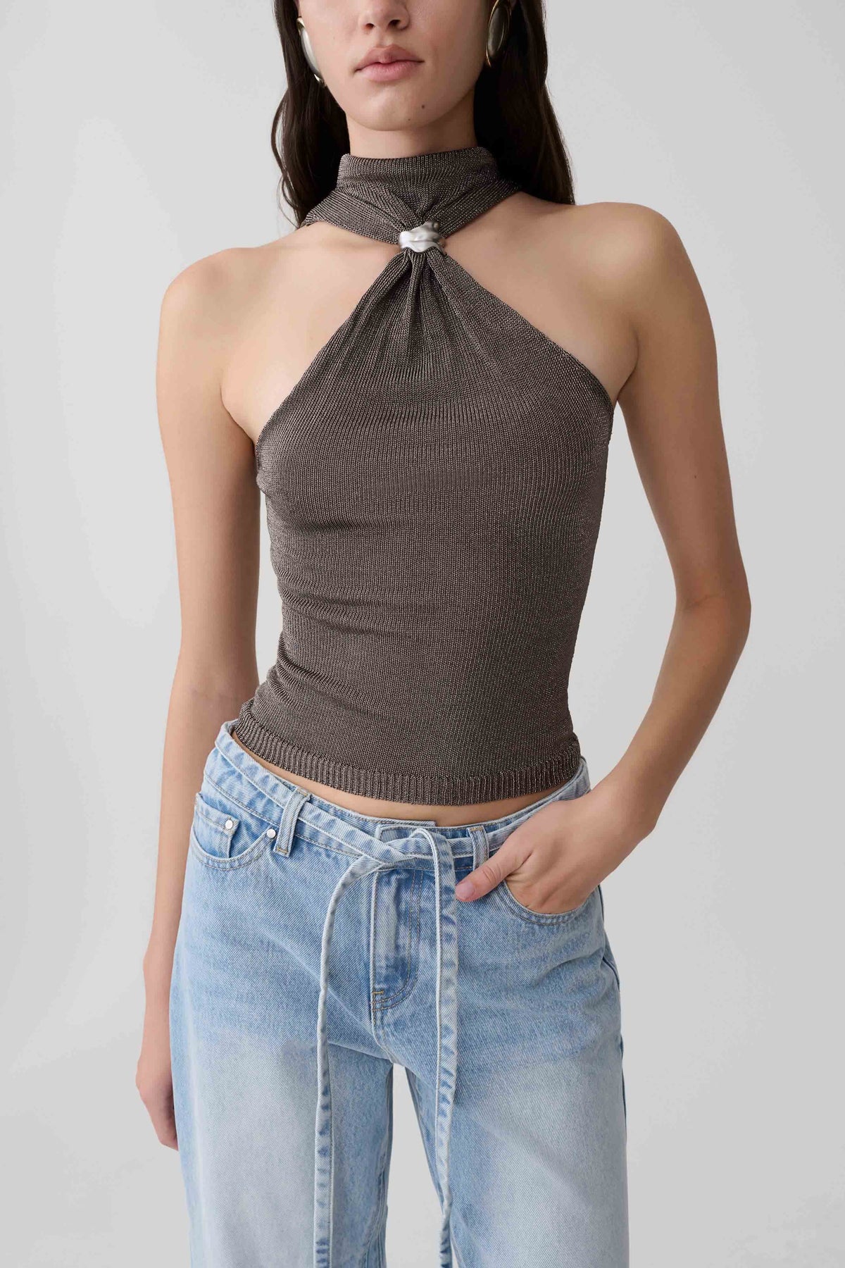 Nikki Lurex Top With Hardware Gunmetal