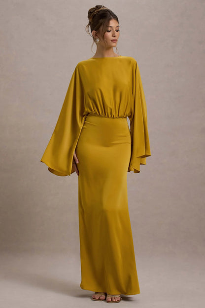Zuzanna Mustard Draped Maxi Dress With Cape Sleeves