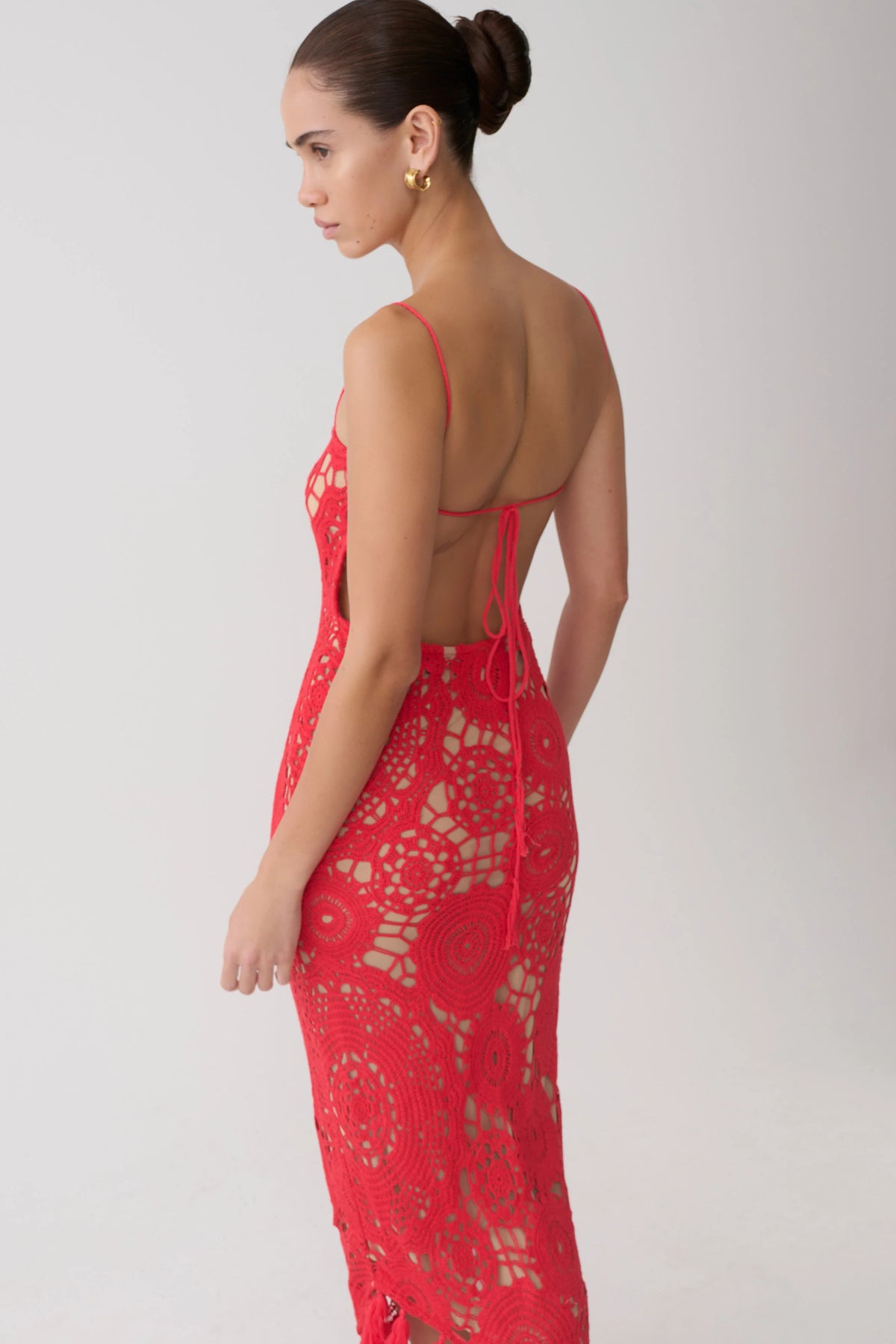Delta Crochet Halter Midi Dress Red