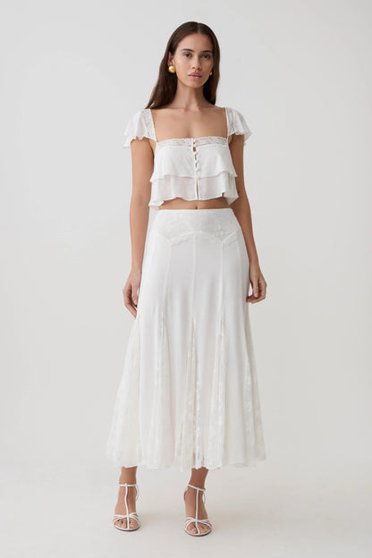 Skylar Lace Panelled Midi Skirt White