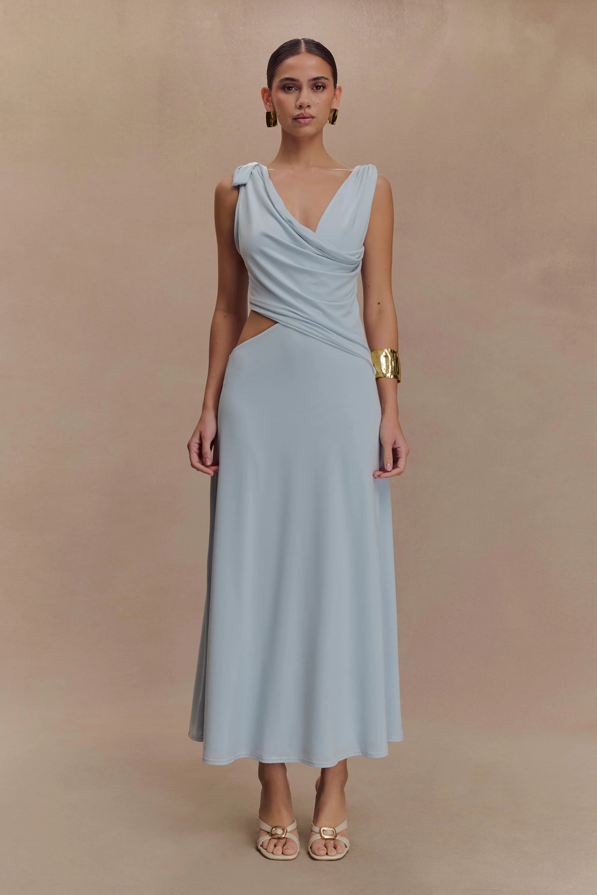 Raleigh Asymmetrical Slinky Midi Dress Pale Blue