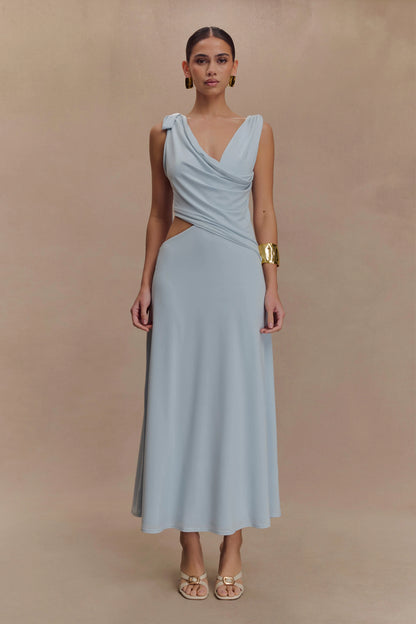 Raleigh Asymmetrical Slinky Midi Dress Pale Blue