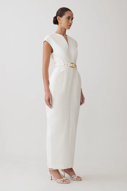 Livia V Neck Linen Maxi Dress White