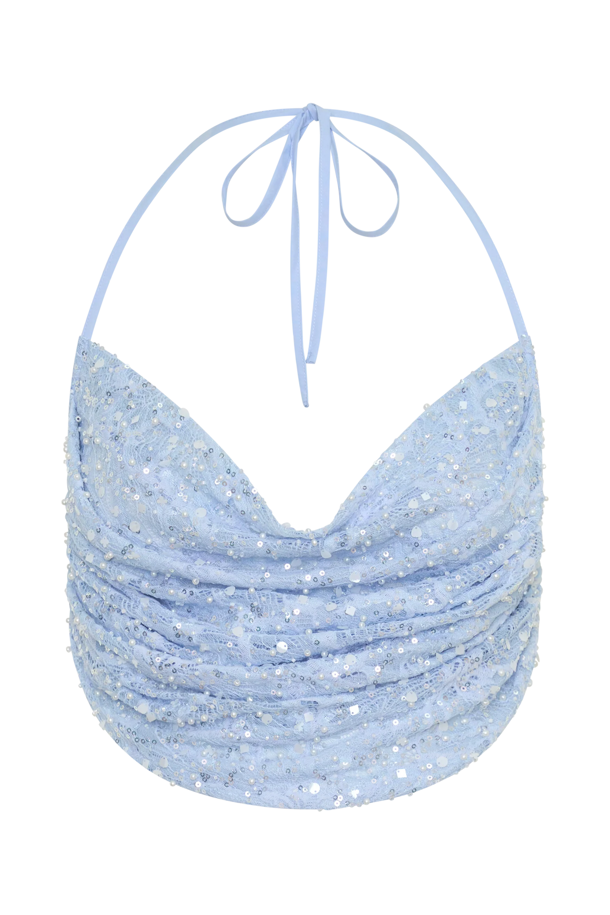 Kiara Pearl Beaded Cowl Crop Top Powder Blue