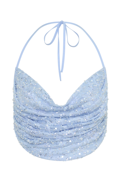 Kiara Pearl Beaded Cowl Crop Top Powder Blue
