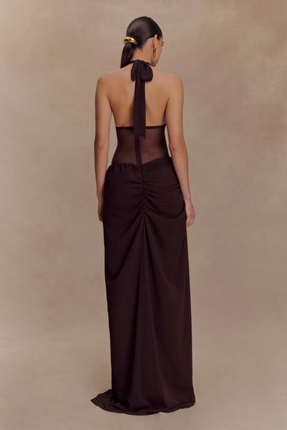 Jonna Chiffon And Mesh Maxi Dress Dark Chocolate