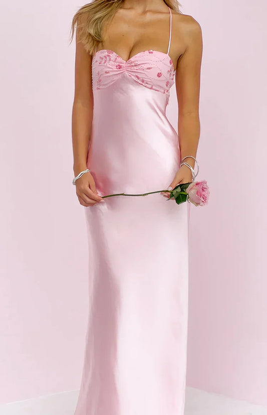Chilli Pink Beaded Bust Satin Maxi Dress