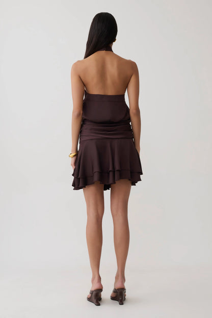 Poppy Satin Halter Mini Dress Chocolate