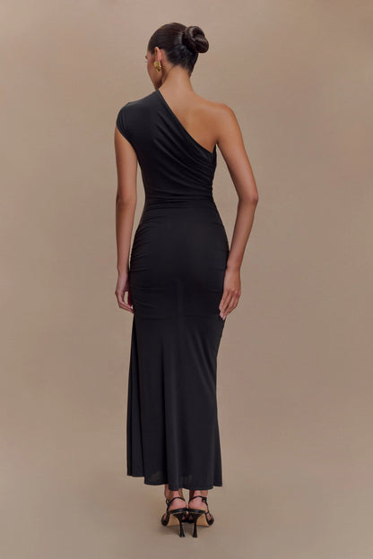 Chloe Peached Jersey One Shoulder Midi Dress Black