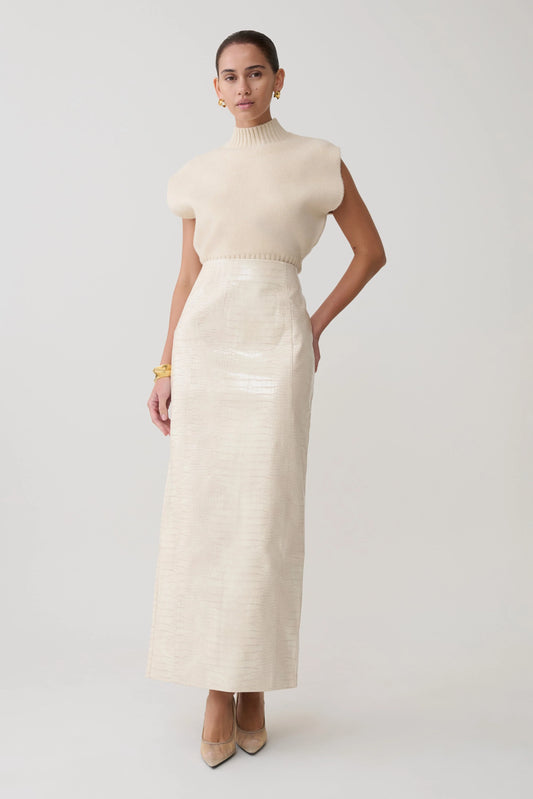 Thalia Croc Faux Leather Midi Skirt Ivory