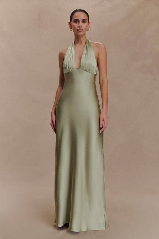 Alice Satin Halter Maxi Dress Sage