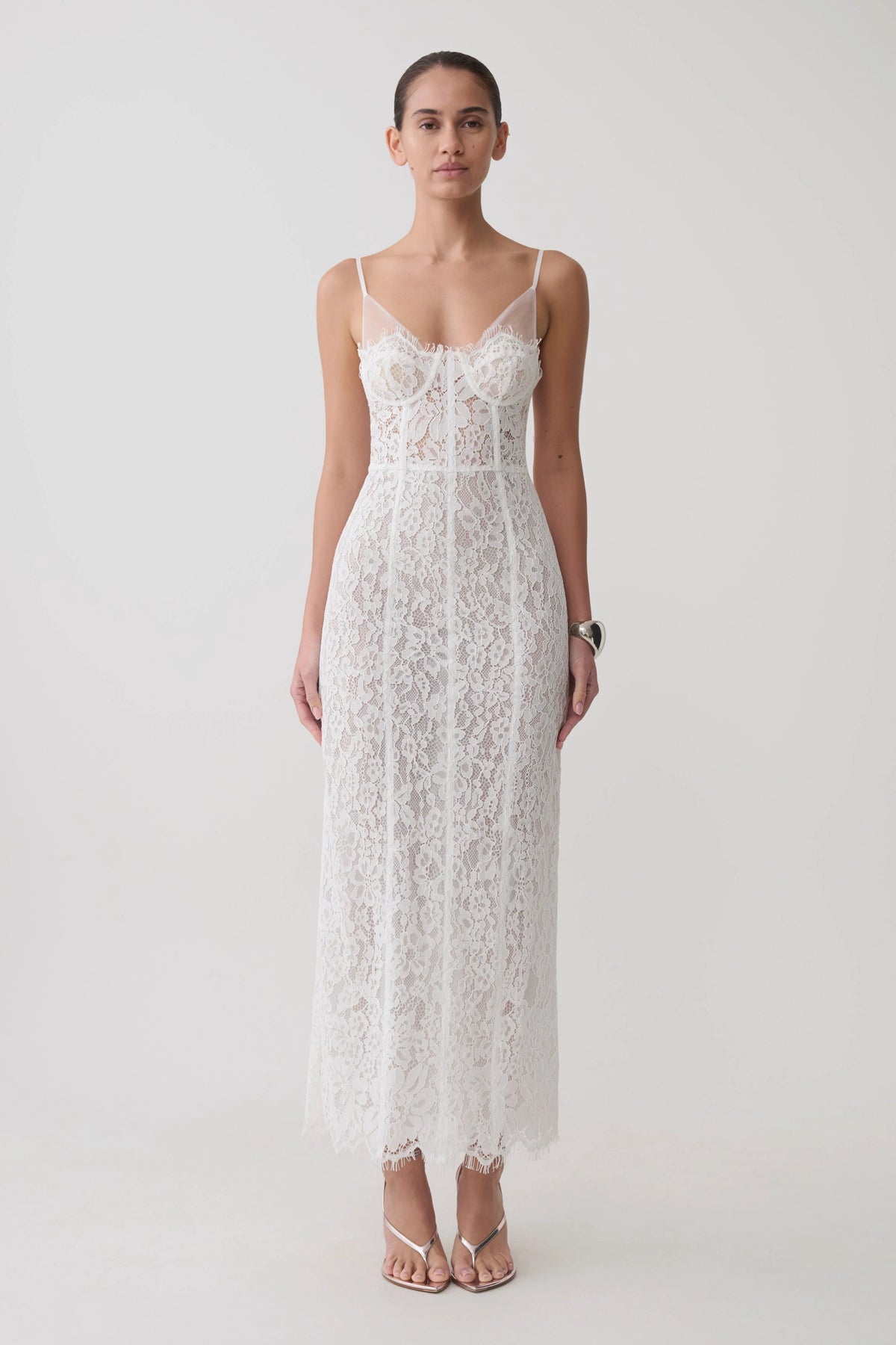 Ottilie Lace And Mesh Midi Dress White