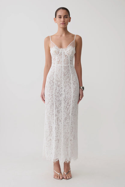 Ottilie Lace And Mesh Midi Dress White