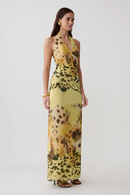 Valentina Chiffon Halter Maxi Dress Yellow Floral Leopard Print