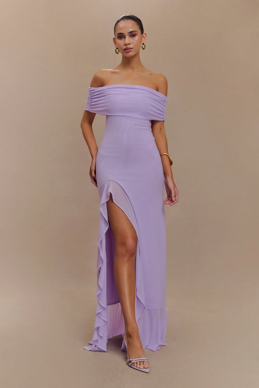 Audrey Off Shoulder Mesh Maxi Dress Lilac