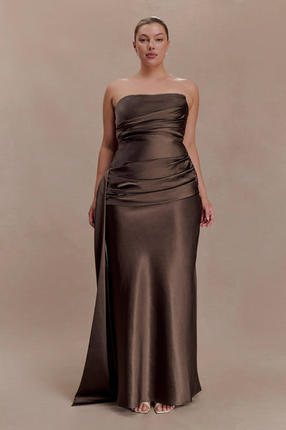 Sarah Strapless Maxi Dress With Waist Tie Mocha