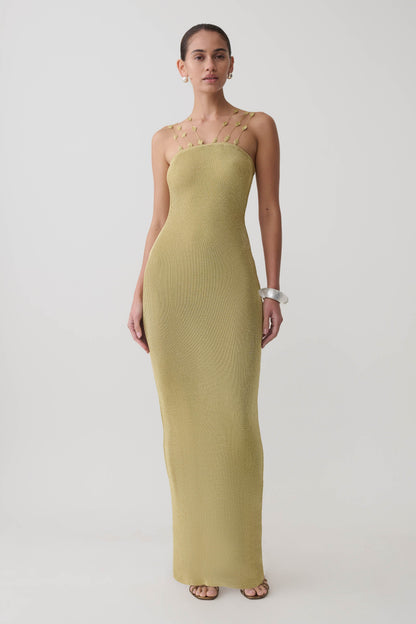 Shami Lurex Maxi Dress With Flowers Gold