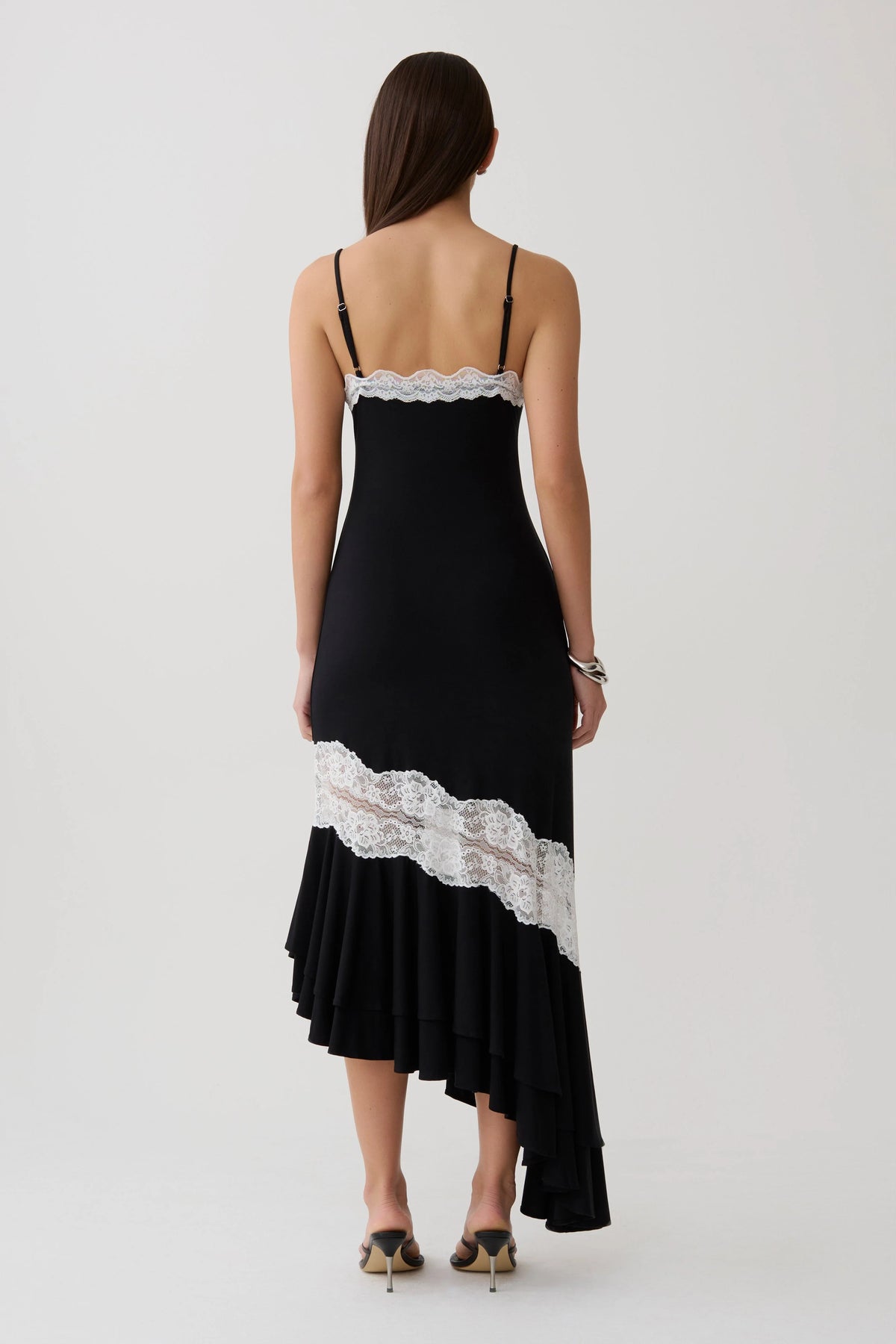 Annis Frilled Hem Lace Midi Dress Black White