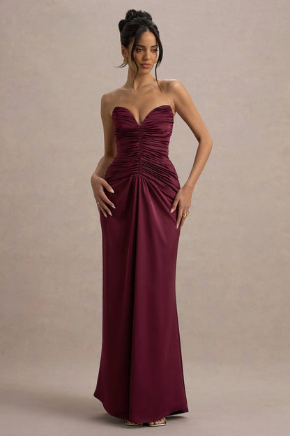 Desirie Plum Satin Sweetheart Gathered Maxi Dress