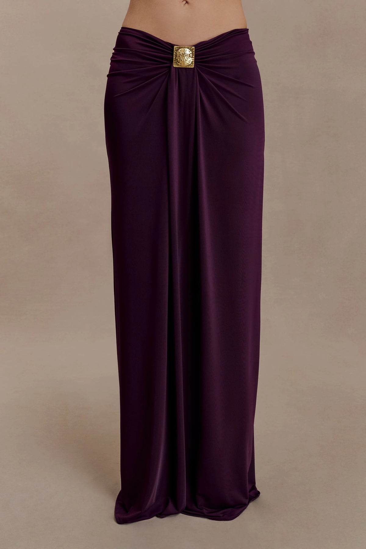 Erina Slinky Ruched Maxi Skirt With Hardware Aubergine