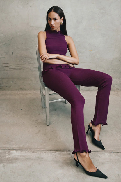 Diya Ribbed High Waisted Pants With Wire Hem Plum