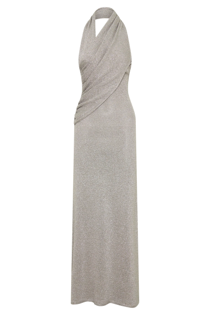 Elma Lurex Knit Halter Maxi Dress Silver