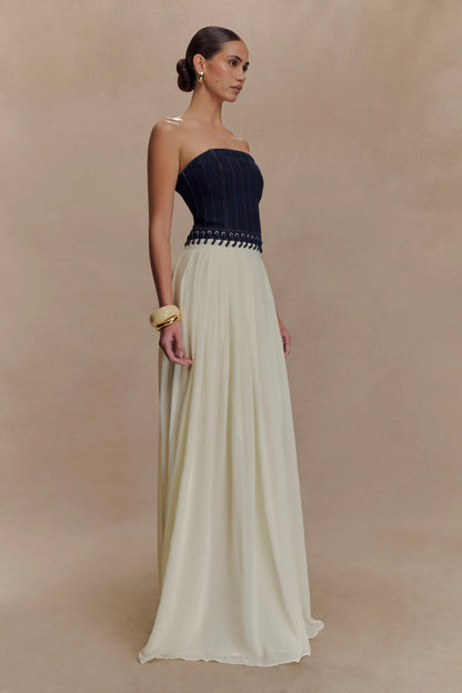 Suella Chiffon Denim Maxi Dress Indigo Blue