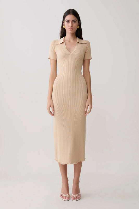 Nichelle Short Sleeve Collared Knit Midi Dress Natural