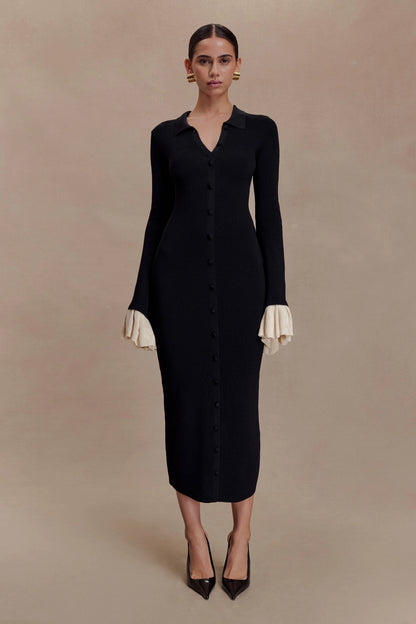 Amirose Ruffle Knit Midi Dress Black