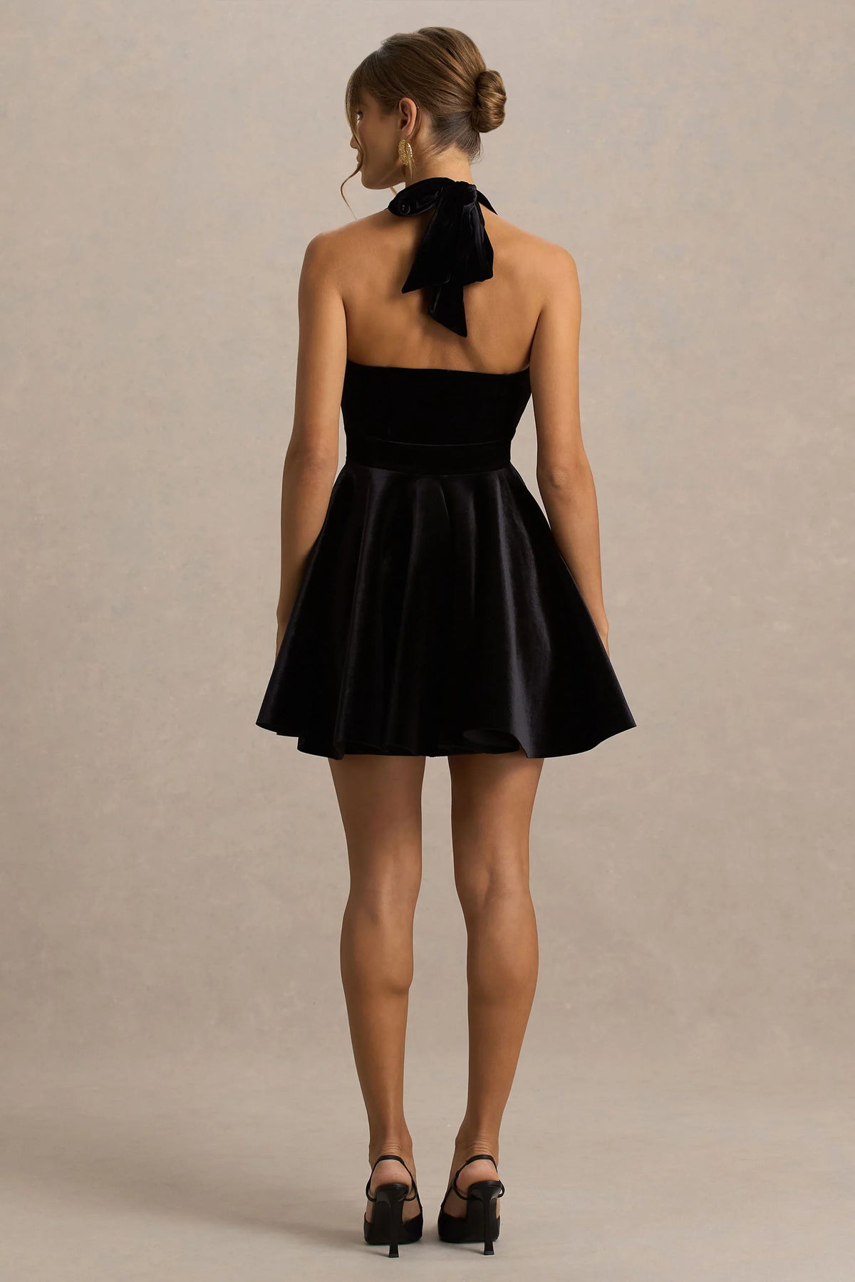 Mirage Black Velvet Halter Neck Mini Dress With Skater Skirt