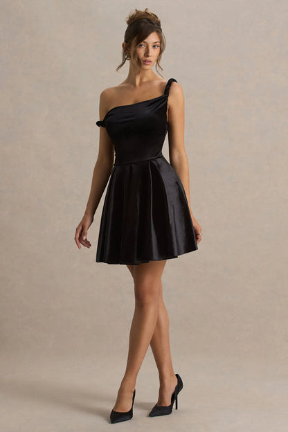 Leticia Black Asymmetric Neck Velvet Mini Dress With Twist Sleeve
