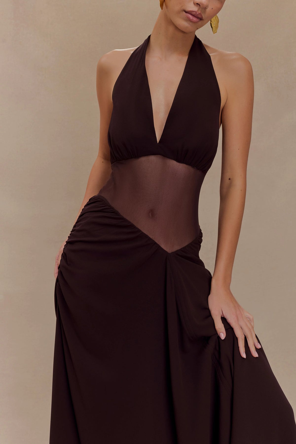Jonna Chiffon And Mesh Maxi Dress Dark Chocolate