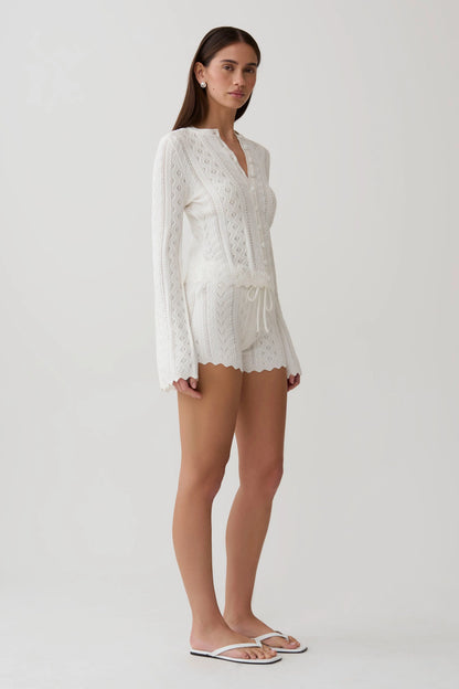 Darlene Pointelle Knit Long Sleeve Top White