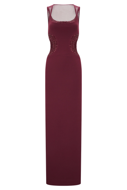 Angelique Beaded Crepe Maxi Dress Wine