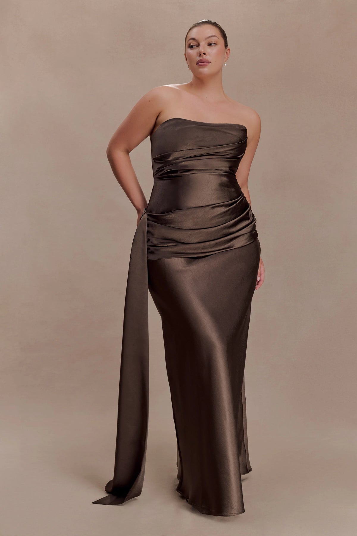 Sarah Strapless Maxi Dress With Waist Tie Mocha
